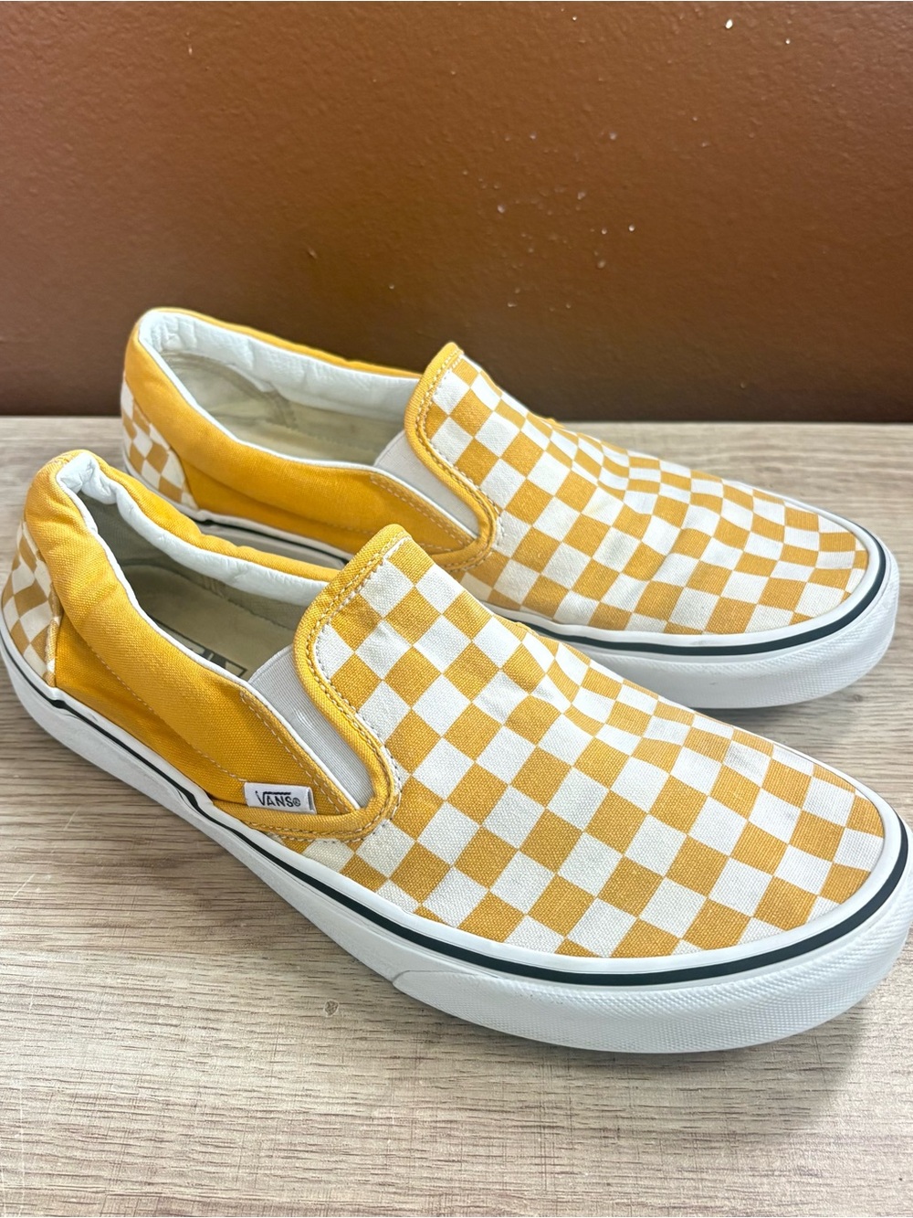 Vans Gold and White Checkerboard Slip-on Trainers, Men’s Size and 11